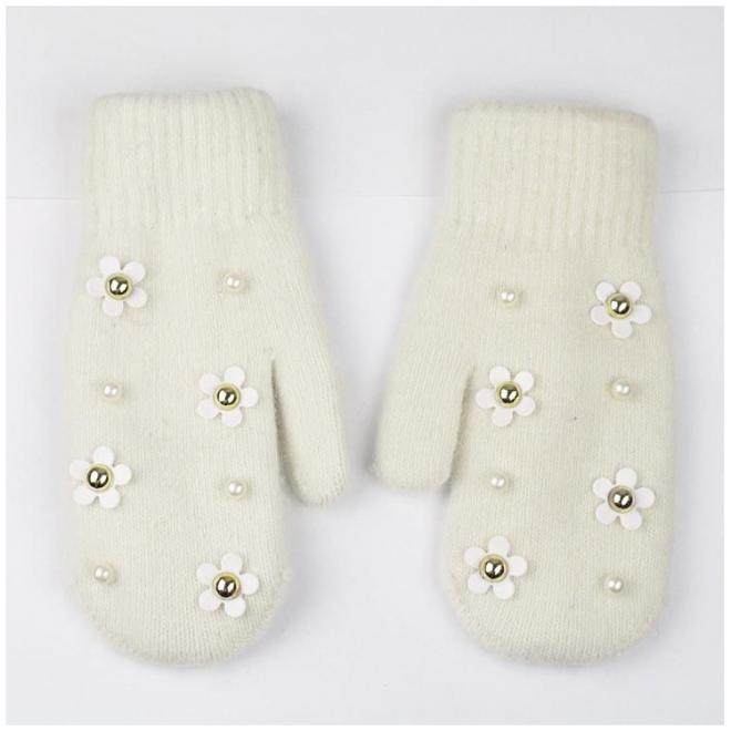 Dámske zimné rukavice s kvetmi a perlami v béžovej farbe