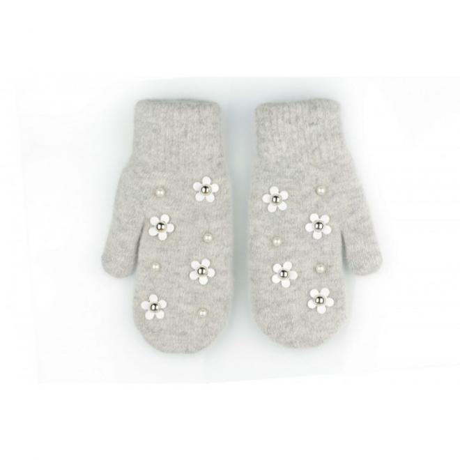 Sivé zimné rukavice s kvetmi a perlami pre dámy