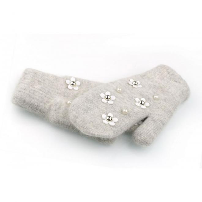 Sivé zimné rukavice s kvetmi a perlami pre dámy