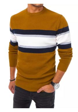 Pánsky módny sveter s kontrastnými pruhmi v ťavej farbe