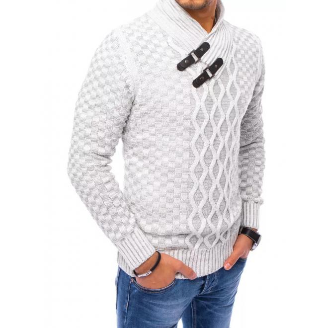 Pánsky hrubý sveter so šálovým golierom v svetlosivej farbe