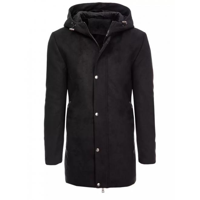 Dlhý pánsky kabát čiernej farby s kapucňou