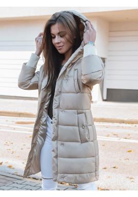 Prešívaná dámska bunda svetlobéžovej farby s neodopínacou kapucňou vo výpredaji