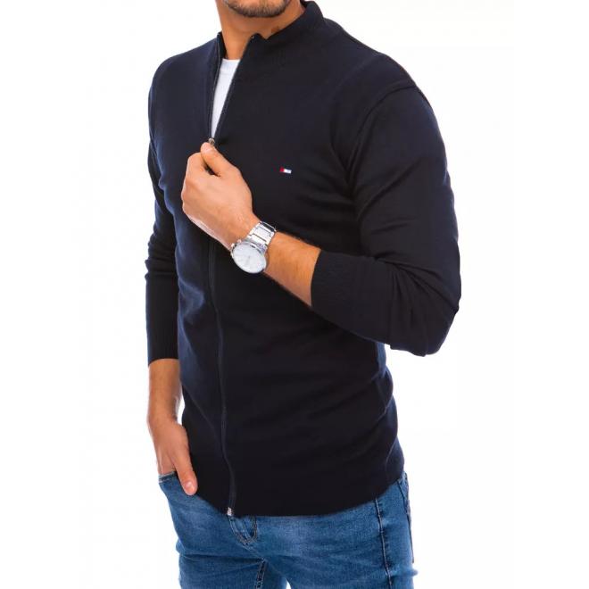 Pánsky zapínaný sveter so záplatami na lakťoch v tmavomodrej farbe