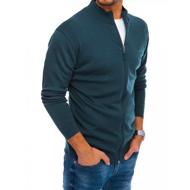 Pánsky zapínaný sveter so záplatami na lakťoch v modrej farbe