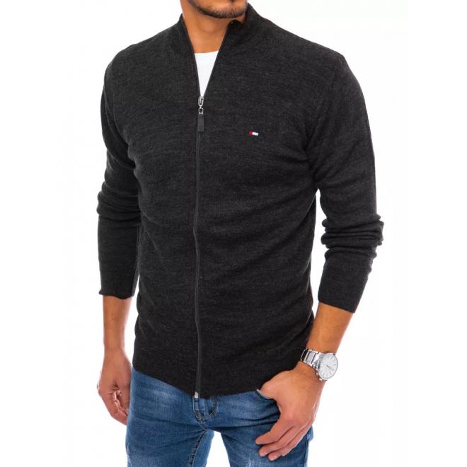 Zapínaný pánsky sveter tmavosivej farby so záplatami na lakťoch
