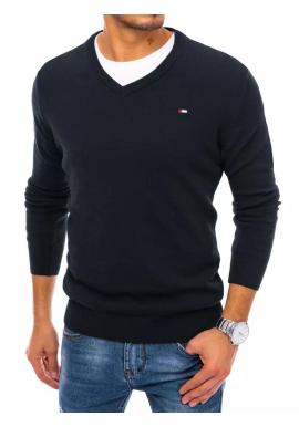Pánsky jednofarebný sveter s véčkovým výstrihom v tmavomodrej farbe
