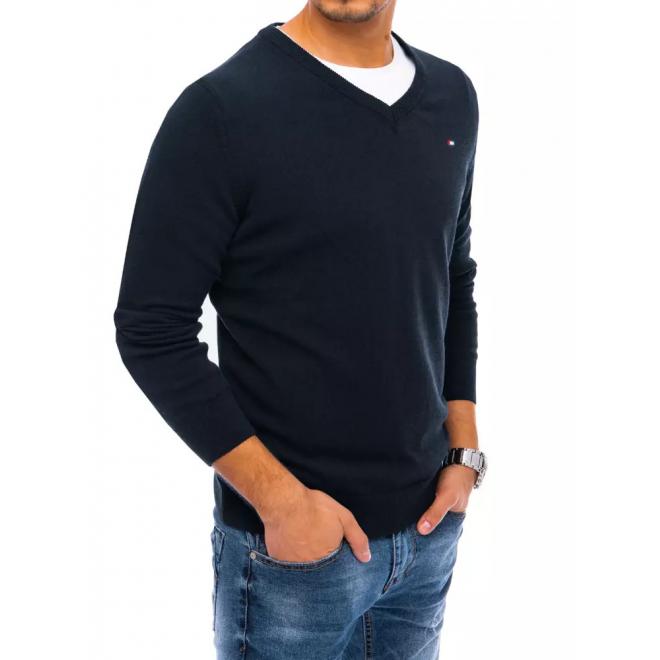 Pánsky jednofarebný sveter s véčkovým výstrihom v tmavomodrej farbe