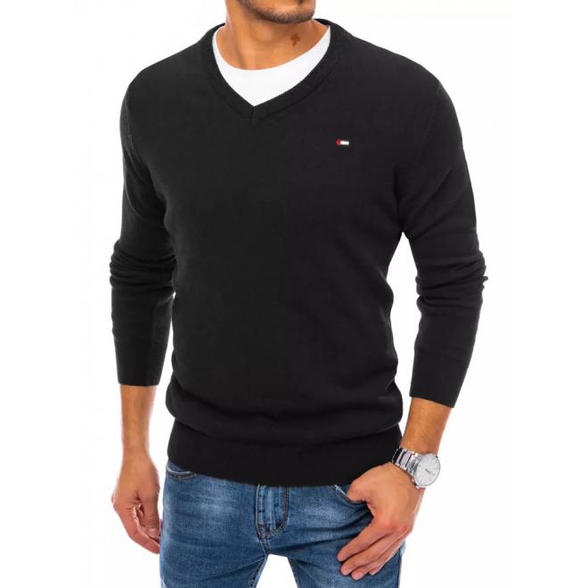 Čierny jednofarebný sveter s véčkovým výstrihom pre pánov