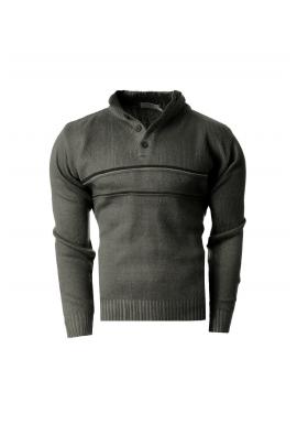 Teplý pánsky sveter khaki farby s gombíkovým výstrihom