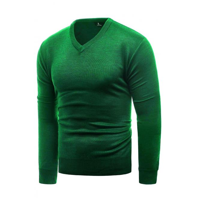 Pánsky jednofarebný sveter s véčkovým výstrihom v zelenej farbe