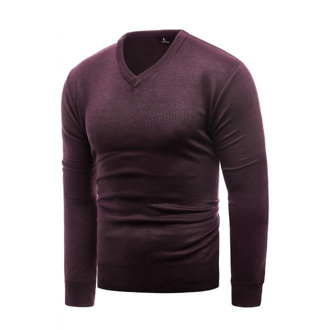 Bordový jednofarebný sveter s véčkovým výstrihom pre pánov
