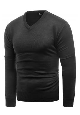 Jednofarebný pánsky sveter čiernej farby s véčkovým výstrihom