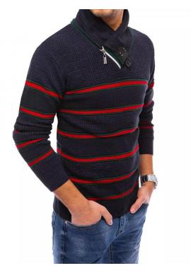 Tmavomodrý pásikavý sveter so šálovým golierom pre pánov