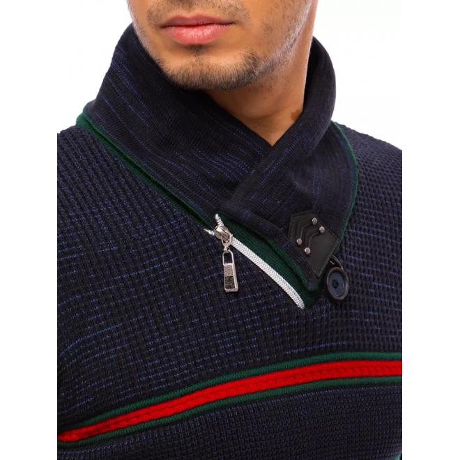 Tmavomodrý pásikavý sveter so šálovým golierom pre pánov