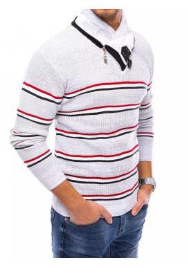 Pánsky pásikavý sveter so šálovým golierom v svetlosivej farbe