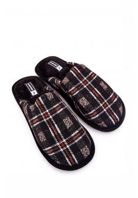 Pánske teplé papuče s kockovaným vzorom v čiernej farbe