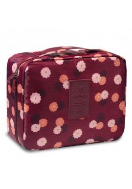 Kozmetická taška bordovej farby s kvetovanou potlačou