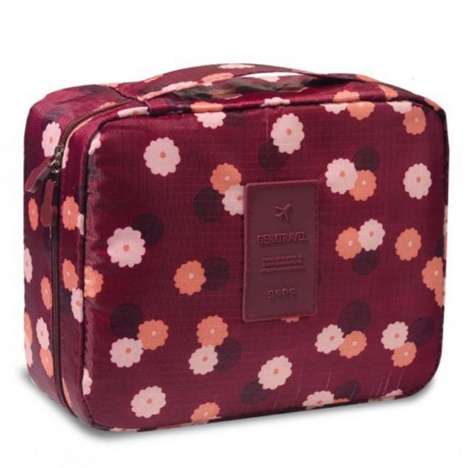 Kozmetická taška bordovej farby s kvetovanou potlačou
