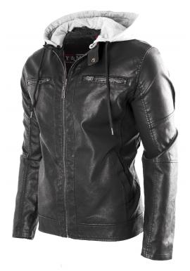 Pánska kožená bunda s teplákovou kapucňou v čiernej farbe