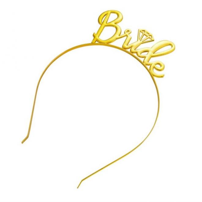 Zlatá čelenka do vlasov s nápisom BRIDE