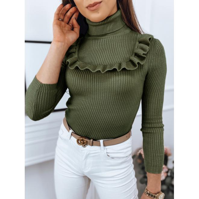 Dámsky rebrovaný sveter s ozdobným volánom v zelenej farbe