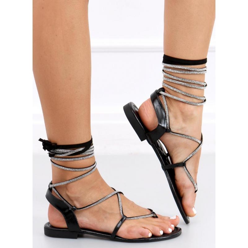 Šnurovacie sandále s kamienkami v čiernej farbe - Skvelá Móda