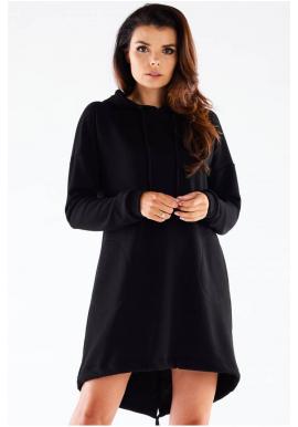 Dámske asymetrické čierne šaty s kapucňou
