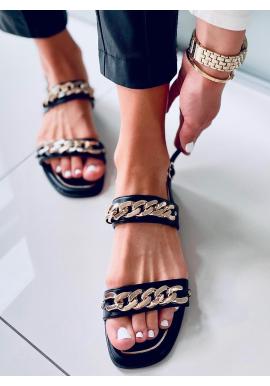 Čierne dámske sandále so zlatými retiazkami
