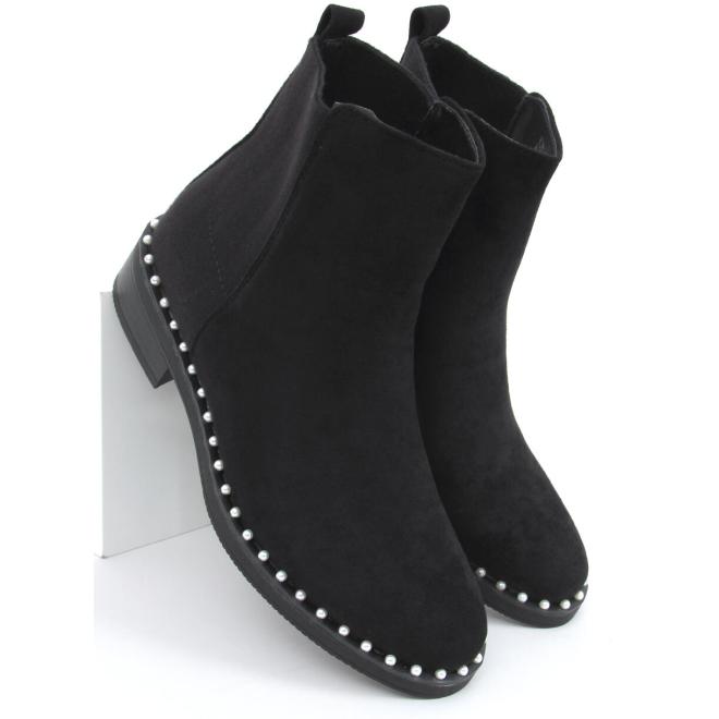 Semišové dámske topánky čiernej farby s perlami