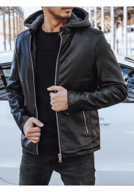 Čierna kožená bunda s teplákovou kapucňou