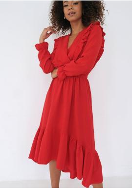 Červené midi šaty MOSQUITO s volánmi vo výpredaji