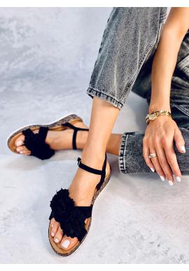 Nízke dámske sandále s kvetmi v čiernej farbe