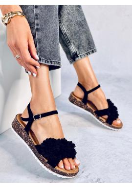 Nízke dámske sandále s kvetmi v čiernej farbe