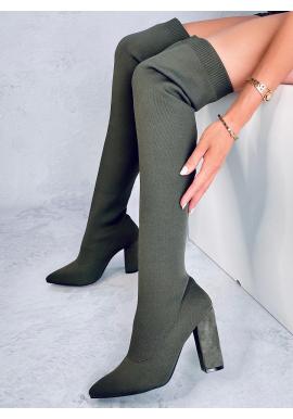Zelené elastické čižmy nad kolená na podpätku