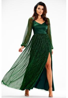 Zelené lesklé maxi šaty s dlhým rukávom