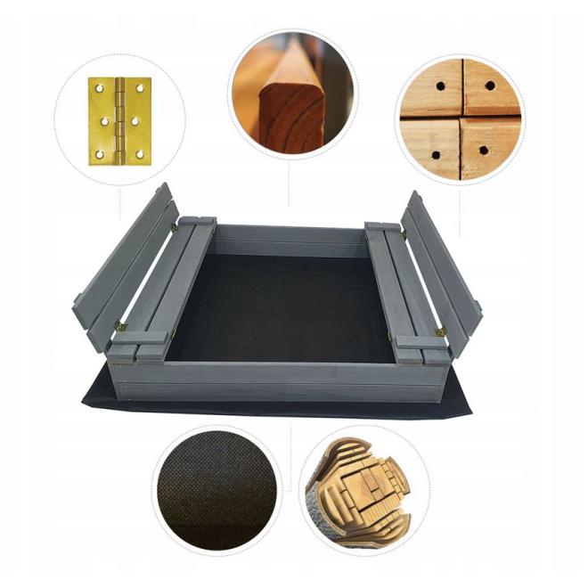 Sivé impregnované uzatvárateľné pieskovisko s lavičkami - 120x120 cm