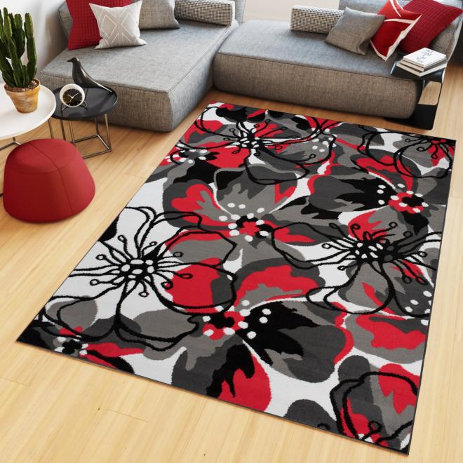 Sivo-červený koberec so vzorom