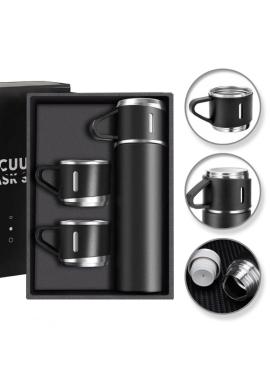 Čierna darčeková sada termosky s 3 hrnčekmi