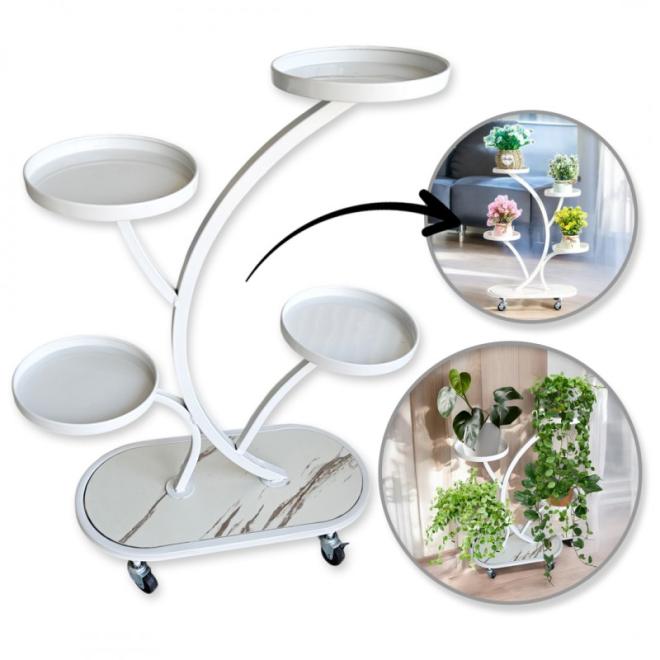 Kovový biely stojan na kvety na kolieskach