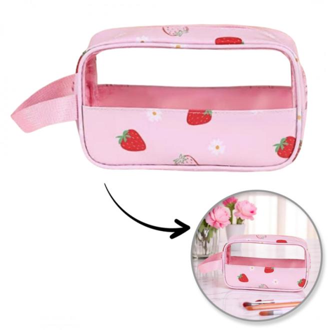 Ružová kozmetická taška s jahodami - S