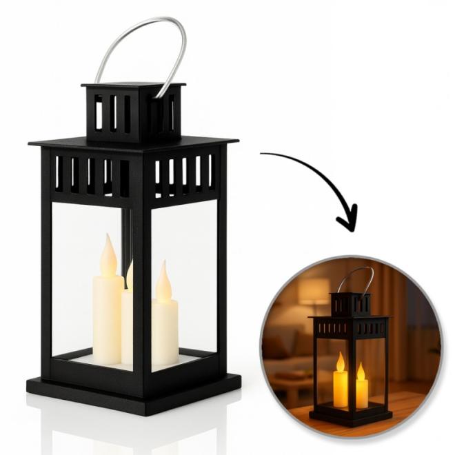 Čierny LED lampáš s imitáciou sviečok 8 x 15 cm