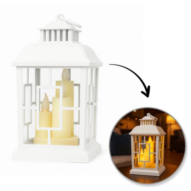 Biely LED lampáš s imitáciou sviečok 12 x 23 cm