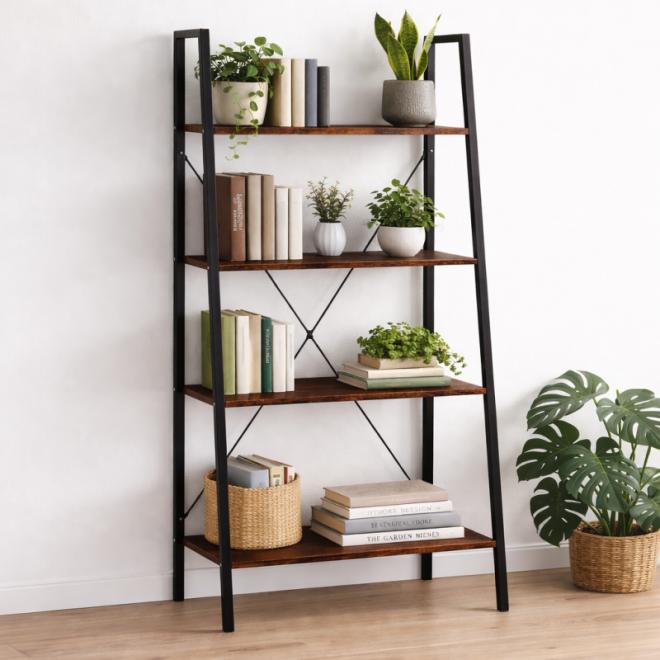 Loftový čierno-hnedý regál so 4 policami