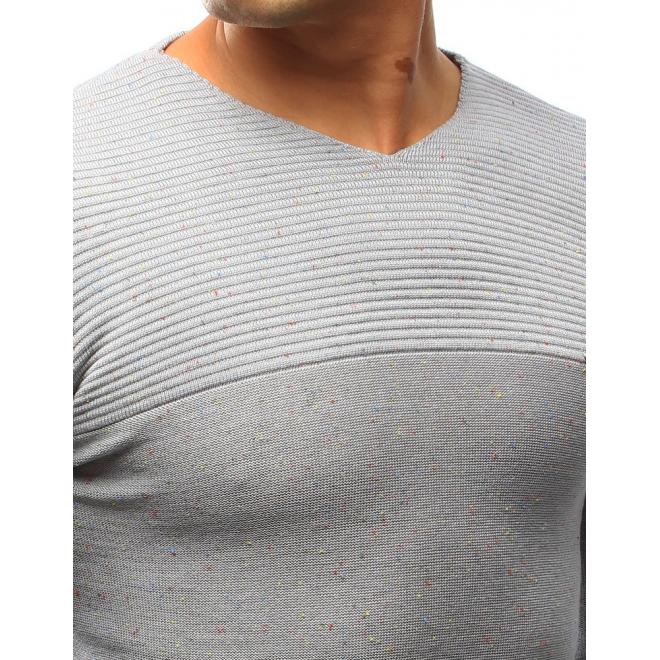 Tmavomodrý pánsky sveter s farebnými bodkami a výstrihom V