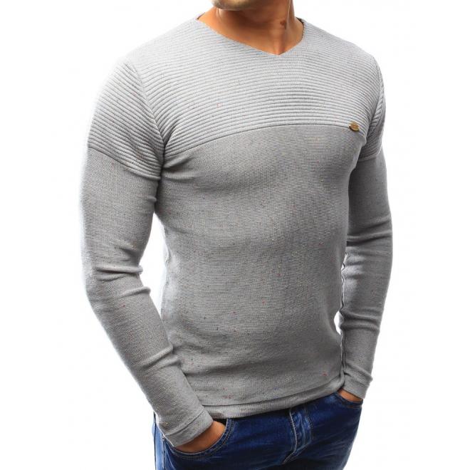 Tmavomodrý pánsky sveter s farebnými bodkami a výstrihom V